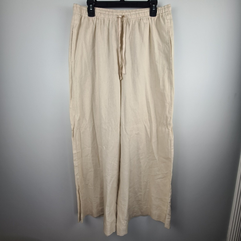 Max Studio London Linen Blend Wide Leg Pants Oyster Natural XL Drawstring NWT